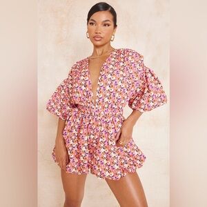 Multi Floral Print Plung Puffball Hem Romper